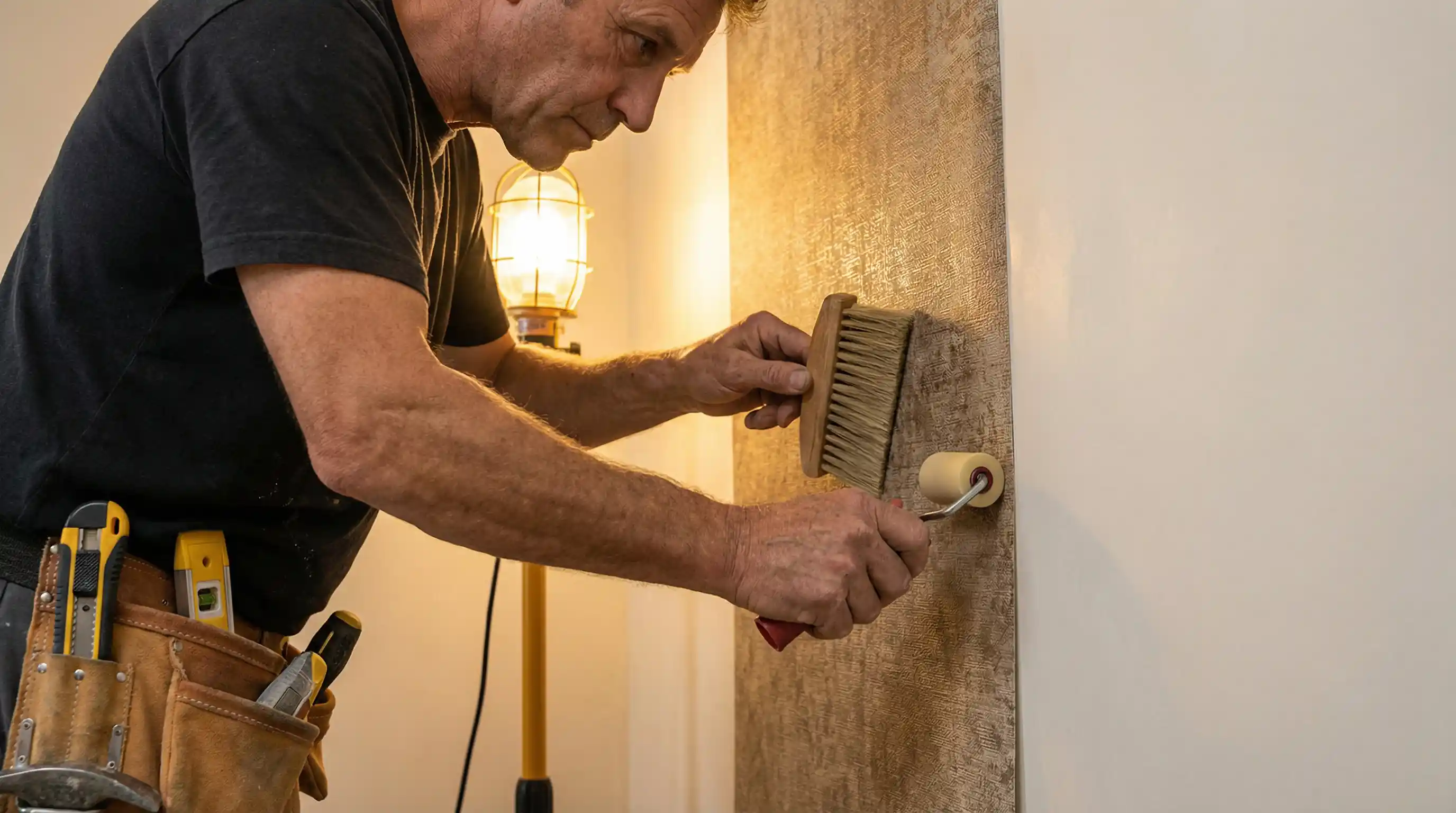 Historic home wallpaper installation with plaster wall prep